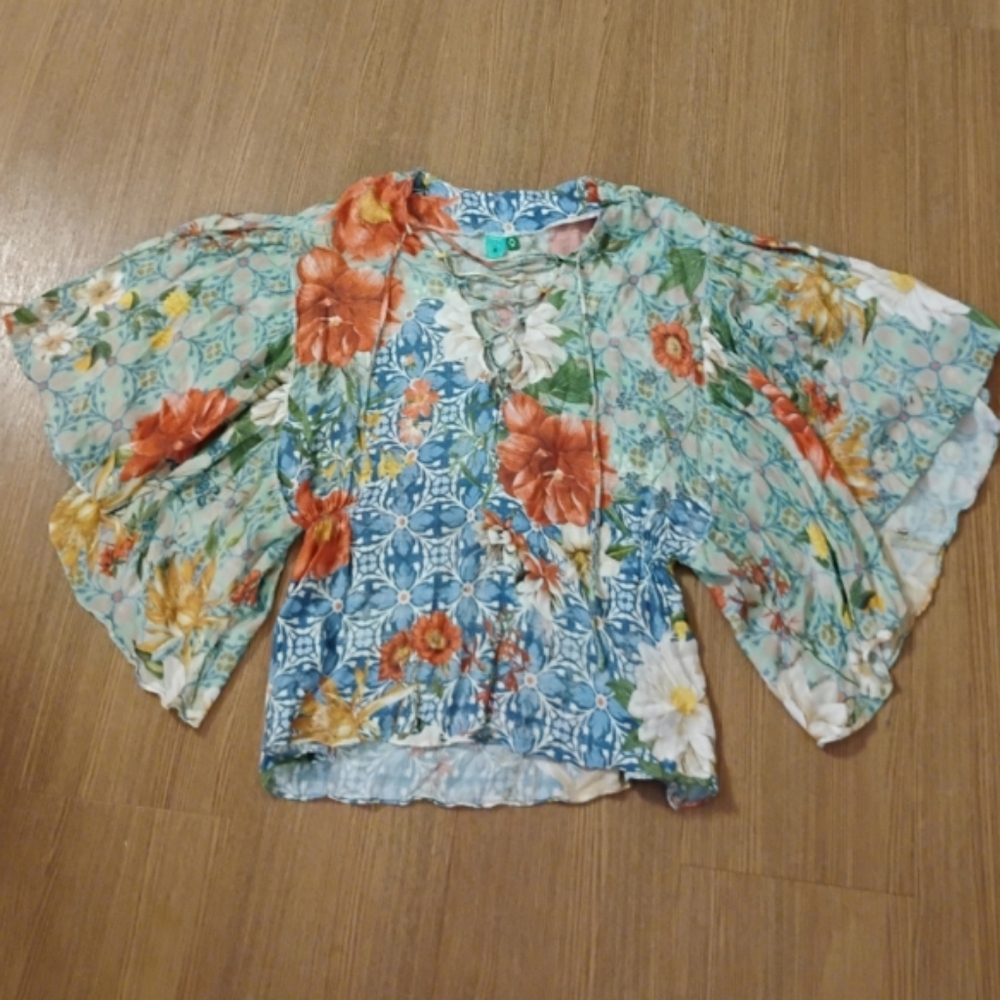 Farm Rio Lace Up Floral Mixed Print Wide Sleeve Top Fits Sz Small